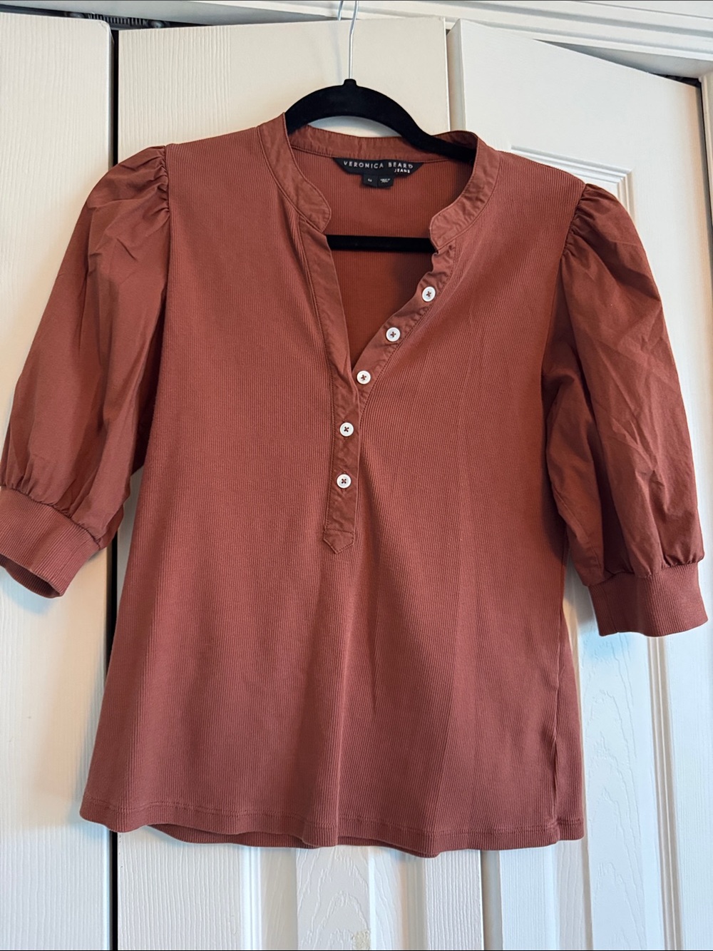 Veronica Beard Rust Button-Front Puff-Sleeve Top